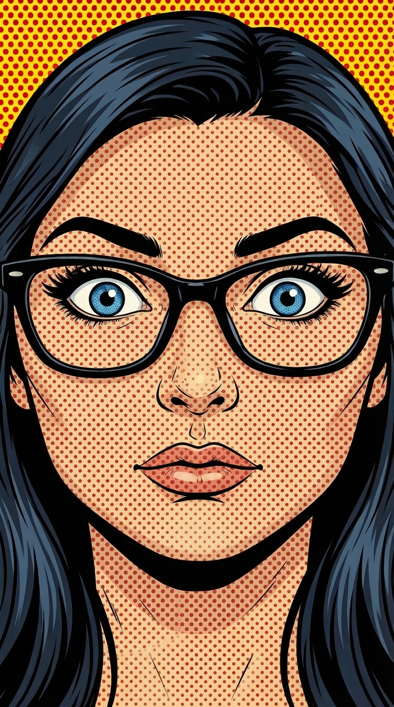 Comic illustration of a woman with glasses